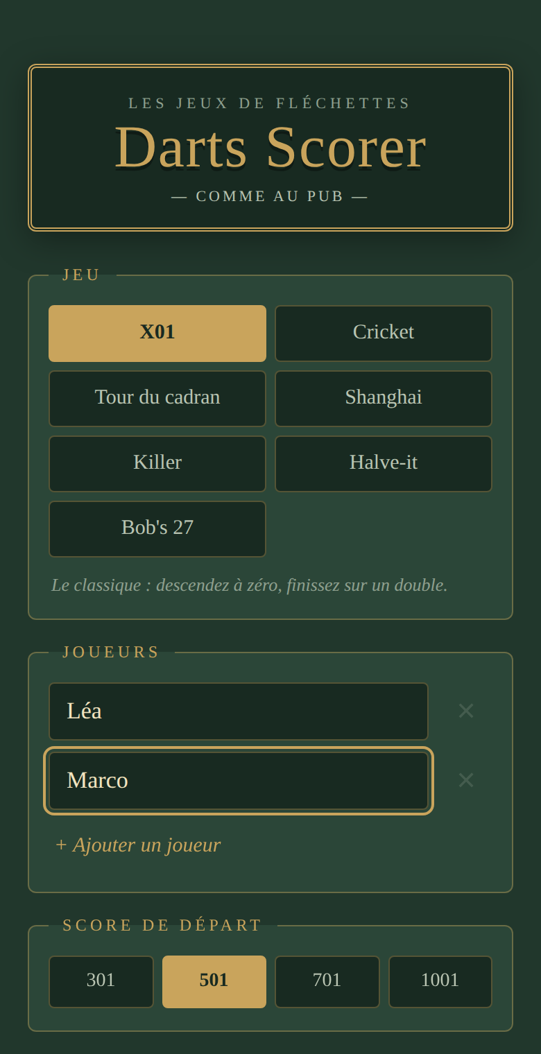Écran de configuration de Darts Scorer : choix du jeu parmi les sept (X01, Cricket, Tour du cadran, Shanghai, Killer, Halve-it, Bob's 27), noms des joueurs Léa et Marco, et score de départ.