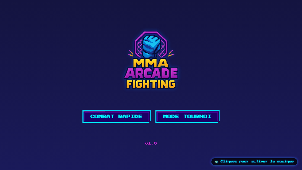 Écran titre du prototype : logo pixel-art MMA Arcade Fighting sur nuit violette, boutons néon COMBAT RAPIDE et MODE TOURNOI, mention v1.0 et invite pour activer la musique