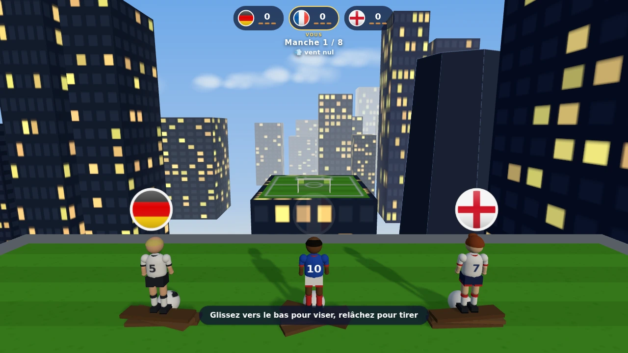 Un duel en cours dans Sky Soccer Showdown : trois frappeurs sur le toit d'un gratte-ciel, le but posé sur l'immeuble d'en face, manche 1 sur 8, vent nul — ouvrir le jeu.