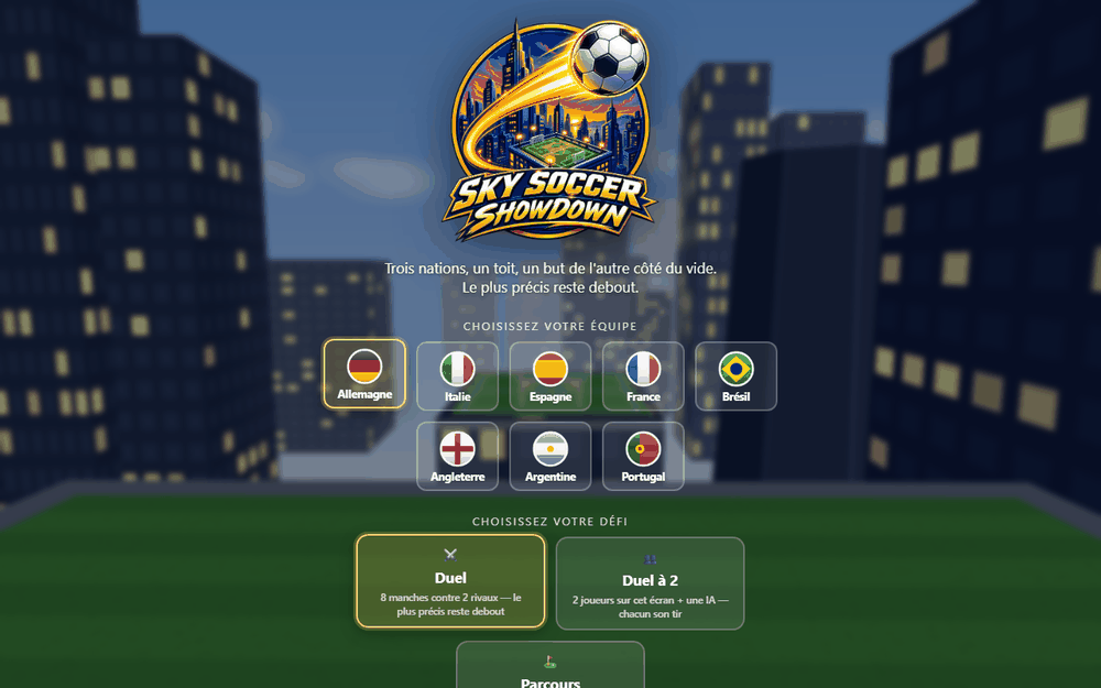 Menu de Sky Soccer Showdown au-dessus des toits : choix parmi huit nations et modes Duel, Duel à 2 et Parcours — ouvrir le jeu.